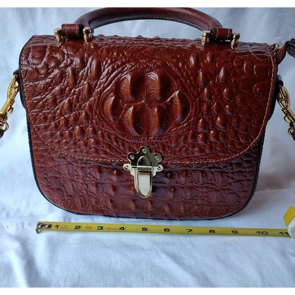 Brown Structured Crocodile Pattern Leather Handbag Shoulder. Quiet Luxury